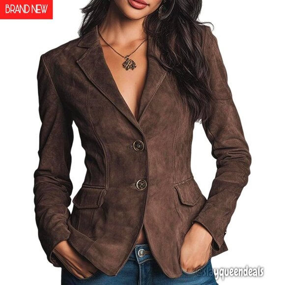 Jackets & Blazers - Vintage Faux Suede Blazer Slim Fit Lapel Jacket with Pockets Work Casual